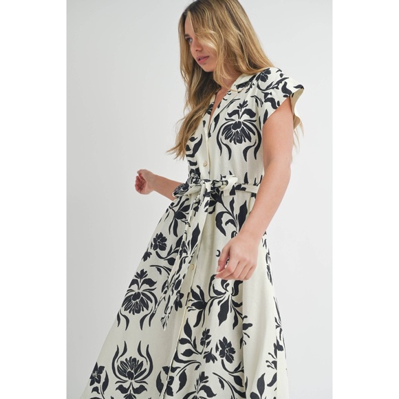 Miou Muse, Tiger Lily Floral Print Button-Down Linen Blend Midi Dress - Picture 7 of 16